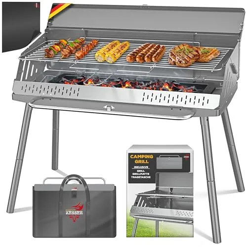 KESSER® Klappgrill - Tragbarer Camping Grill mit Gestell - Camping Grill aus pulverbeschichtetem Stahl, inklusive Grillrost, Grillmatte & Tragetasche. Ideal für Outdoor-Aktivitäten mit maximaler Flexibilität und einfacher Handhabung.