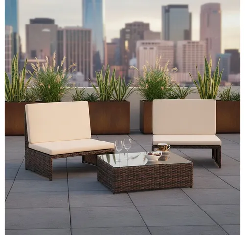 Mucola Gartenlounge-Set 3-tlg. Polyrattan - Garten-Lounge-Set mit zwei bequemen Sesseln und einem Tisch, wasserabweisend und pflegeleicht. Hochwertiges Polyrattan sorgt für Langlebigkeit und stilvolles Design – ideal für Garten, Balkon oder Terrasse.