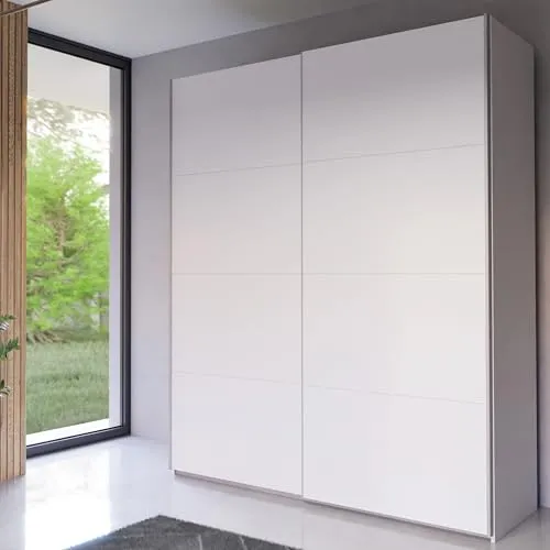 Forte Schach & MATT 2 weißer Kleiderschrank 170 - Moderner 2-türiger Schwebetürenschrank in Weiß Matt, ideal für jedes Zimmer. Bietet großzügigen Stauraum mit Kleiderstangen und Einlegeböden, gefertigt aus pflegeleichtem Holzwerkstoff für lange Haltbarkeit.