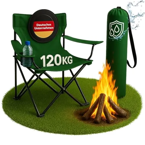 Coemo Faltbarer Campingstuhl Grün - Kompakter & Leichter Klappstuhl, 2,2 kg, Tragbarer Stuhl mit Rückenlehne, Getränkehalter & Tragetasche - Klappstuhl Wetterfest für Camping, Festivals & Garten