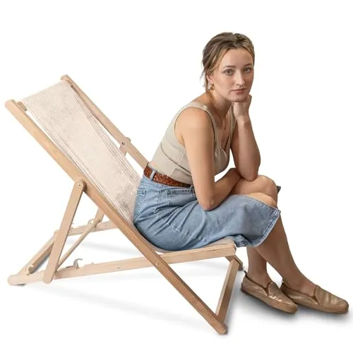 DreamRoots Liegestuhl Holz Klappbar Cord-Gewebe aus Buchenholz, bis 130 kg belastbar, 3-Fach verstellbare Rückenlehne für Garten oder Terrasse