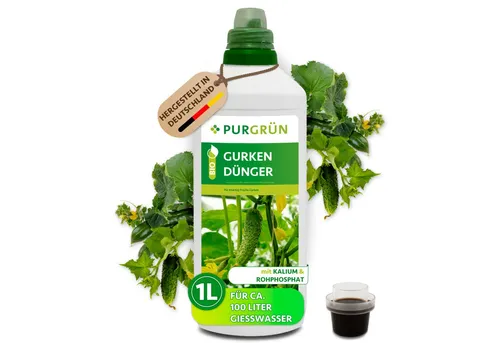 Purgrün Bio Gurkendünger 1L - Bio-Gemüsedünger mit NPK 4+1+7, enthält Algenextrakt für kräftiges Wachstum und hohe Widerstandsfähigkeit gegen Krankheiten, ideal für Gurken und andere Gemüsepflanzen.