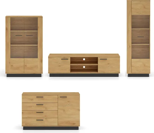 Wohnwand Modesto Wohnzimmer-Set Ausführung wählbar Eiche Style hell schwarz,ohne Beleuchtung,4-teilig (2 Vitrinen,Lowboard,Kommode)