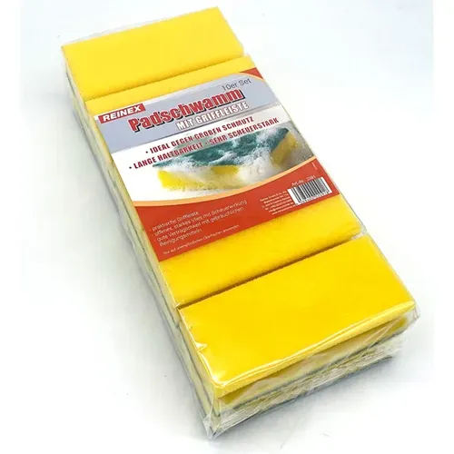 Reinex Topfkratzer Pad Schwamm gelb grün 10er Vliesschwamm praktische Griffleiste schont die Fingernägel, starkes Vlies