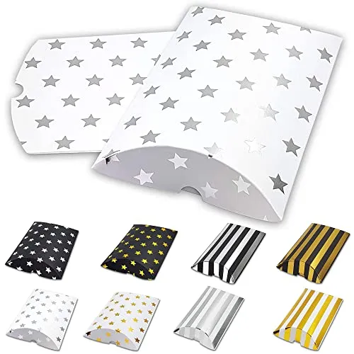 Frau WUNDERVoll® 6 Kissenschachteln matt weiß, silber Sterne metallic 24x14cm (flach), 250g Papier/Kissenverpackungen, Pillow box, Faltverpackung, Geschenkverpackung, Gastgeschenk, Adventskalender