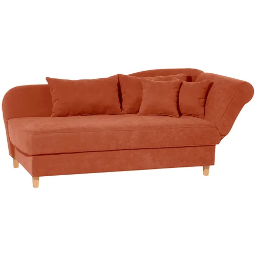 Selma Recamiere mit klappbarem Armteil in Terracotta - Klassische Recamiere mit verstellbarem Armteil für optimale Liegefläche, ideal für Nickerchen oder Übernachtungsgäste. Inklusive Kissen und großzügigem Bettkasten zur praktischen Aufbewahrung.