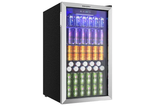 EUHOMY Getränkekühlschrank 90L für 126 Dosen - Der elegante 90L Getränkekühlschrank mit verstellbaren Ablagen bietet Platz für bis zu 126 Dosen. Ideal für Zuhause, Büro oder Bar – genießen Sie Ihre Getränke bei der gewünschten Temperatur.