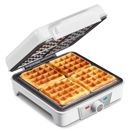 Belgisches Waffeleisen 1200W für 4 Waffeln, Waffelautomat mit Überlaufschutz und Bräunungsgrad-Regler, Antihaft-Beschichtung, Kontrollleuchten