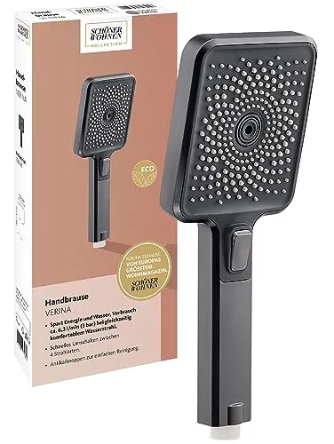 Schöner Wohnen Kollektion Handbrause 3-strahlig Verina, wasserspar Duschkopf, eckige Duschbrause mit Anti-Kalk-Noppen, Typ 1/2 '' Anschluss, Industrial