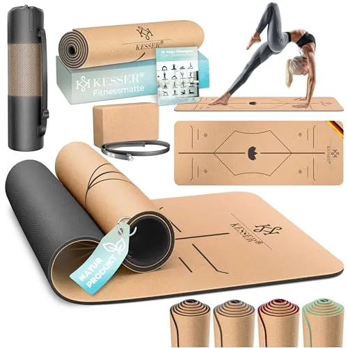 KESSER Yogamatte Kork mit Tragegurt und Tasche – Rutschfest & Atmungsaktiv - Nachhaltige KESSER Yogamatte aus Kork, 0,5 cm dick für hohen Komfort. Mit Tragegurt und Beutel, ideal für effektives Training und Schutz der Gelenke. Perfekt für Einsteiger und Profis!
