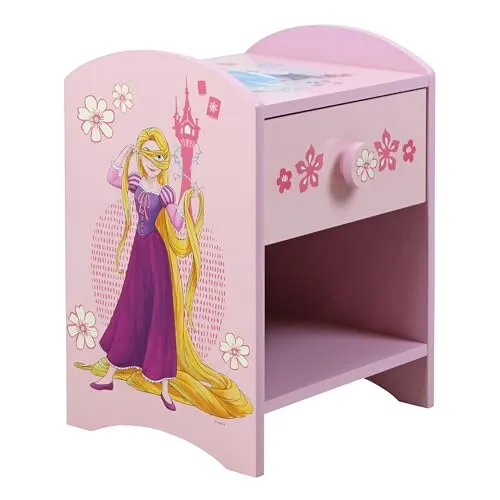 Disney Prinzessin Vaiana und Rapunzel Nachttisch, stabile Holzwerkstoff-Konstruktion mit 2-stöckigem Design für reichlich Stauraum, kleiner Beistelltisch mit Schublade und Ablagefach für Kinderzimmer