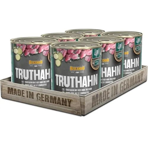 BELCANDO Super Premium Dose Truthahn mit Reis & Zucchini 6x800g | Hochwertiges Nassfutter für Hunde - Hundefutter mit stückiger Konsistenz und wertvollem Distelöl, ideal für alle Rassen. Hochwertige Zutaten ohne künstliche Zusätze, in Deutschland hergestellt.