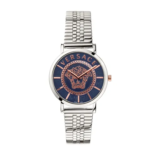 Versace V-Essential VEK400821 Frauenuhr - Elegante Armbanduhr für Damen mit blauem Zifferblatt und kratzunempfindlichem Saphirglas, wasserdicht bis 5 ATM – ideal für jeden Anlass.