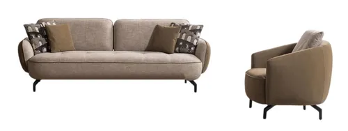 Exklusive Beige Wohnzimmer Stoffgarnitur - Designer Polstercouchen - Hochwertiges Sofa Set in modernem Design, ideal für stilvolle Wohnzimmer. Mit bequemen Kissen und robustem Polsterstoff für optimalen Sitzkomfort. Platz für 3 Personen, ohne Montage erforderlich.