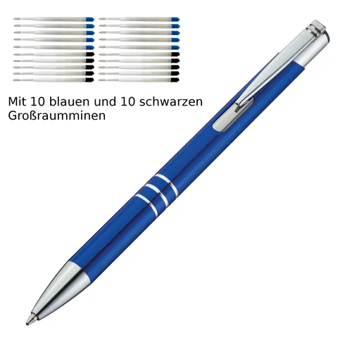 Kugelschreiber aus Metall / je 10 schwarze + blaue Minen / Farbe: blau 10