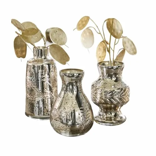 Loberon Vase 3er Set Briolique, DREI Designs, Kunstvoll Geschliffen, Bauernsilber-Finish, Nostalgischer Charme, Mundgeblasen, Deko-Vasen, Dekoration, Glas, antikchampagner