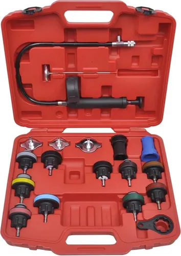vidaXL Heizkörper Drucktester 18-tlg. - Universal Vacuum Kühler Druck Werkzeug - Autokühler & Kühlerteile, ideal zum Aufspüren von Lecks im Kühlsystem mit hochwertigem, strapazierfähigem Werkzeugset und praktischem Manometer.