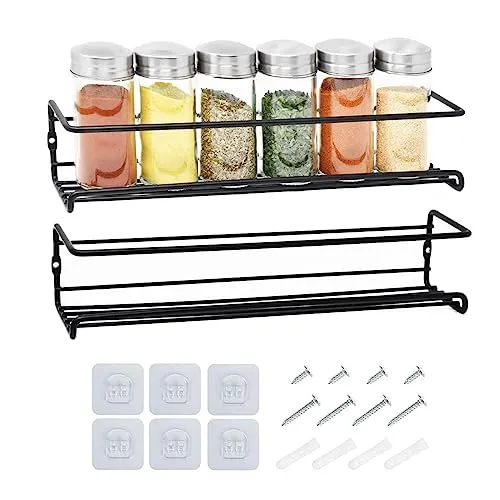 joeji's Kitchen ﻿﻿﻿Joejis ﻿﻿2er Set Gewürzregal aus Metall - ﻿﻿Gewürzregal Wand Metall Ohne Bohren mit 8 Selbstklebende Haken und Schrauben, Spice Rack für Küche Schranktür, Schwarz