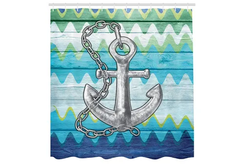 Abakuhaus Duschvorhang Moderner Digitaldruck mit 12 Haken auf Stoff Wasser Resistent Breite 175 cm, Höhe 180 cm, Anker Nautical Chevron Zigzags