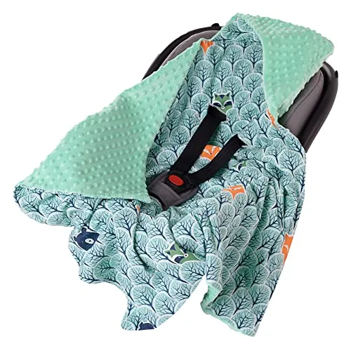 Medi Partners Einschlagdecke Baby Babyschale 100% Baumwolle für Sommer 85x85cm Kinderwagen Kuscheldecke universal Baby Decke Einschlagdecken Babydecke Buggy Autositz (Wald mit minzer Minky)