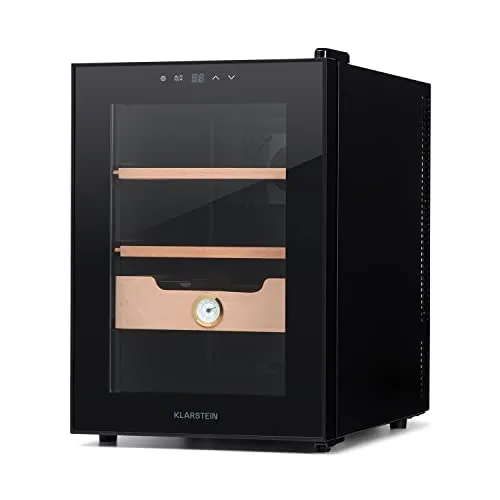Klarstein El Presidente Zigarren Humidor - thermoelektrischer Humidor Schrank mit Glastür, Humidor Befeuchter mit Einschüben aus Zedernholz, Hygrometer, LED-Innenbeleuchtung, 37 Liter, schwarz