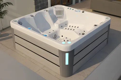 Sprudelwanne Hydromassagebad Whirlpool 210x210 cm mit LED Beleuchtung - Quadratischer Whirlpool mit LED Beleuchtung, 1200 L Fassungsvermögen und 2 Jahren Herstellergarantie. Ideal für entspannende Momente im eigenen Garten.