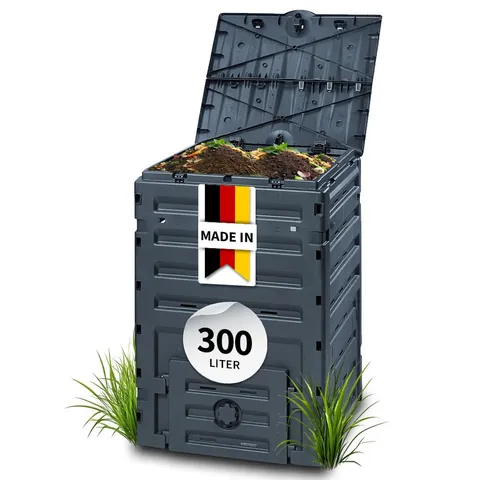 GARANTIA ECO-Master Kunststoff Komposter 300 Liter schwarz - Komposter für Gartenabfälle und Biomüll, 300 Liter Fassungsvermögen mit durchdachtem Belüftungssystem für schnelle Zersetzung und optimale Nährstoffgewinnung.