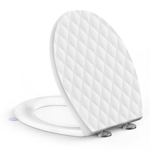 SREWOHS PRO WC Sitz mit Absenkautomatik Oval Weiß, Toilettendeckel mit Rauten, Klobrille mit Schnellverschluss, Klodeckel Einfach zu Reinigen, Toilettensitz Softclose, 44,6 x 37,1 CM