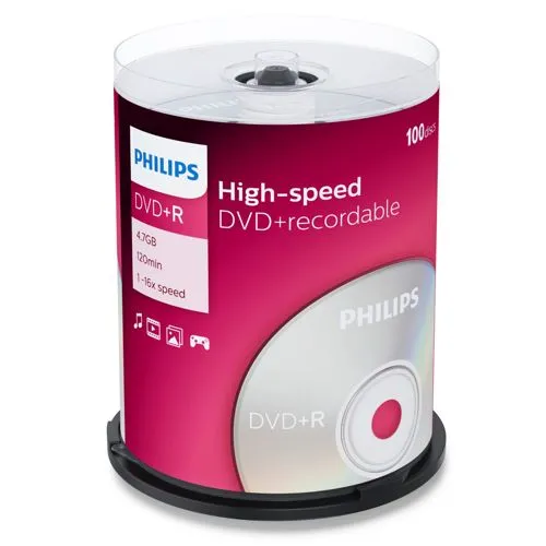 Philips DVD-Rohling 1x100 DVD+R 4,7GB 16x SP - Hochwertige Speichermedien - Rohlinge für zuverlässige Datenspeicherung, ideal für Filme, Musik und Backups mit 16x Schreibgeschwindigkeit.