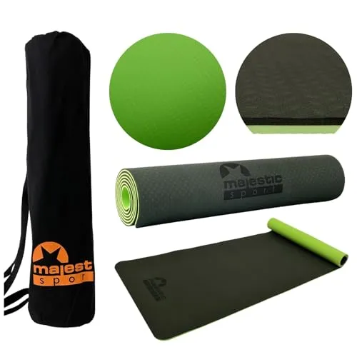 MAJESTIC SPORT Gymnastikmatte, Yogamatte Inkl. Tragetasche aus Baumwolle, rutschfest Trainingsmatte für Fitness Sportmatte, Pilates & Gymnastik TPE 183 x 61 x 0,6 cm Grün.