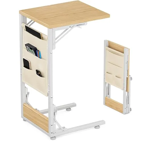 Bomclap C-Form Beistelltisch, Klappbarer Sofatisch Nachttisch mit Aufbewahrungstasche, Couchtisch mit Metallgestell für Wohnzimmer Schlafzimmer Büro, 30 x 40 x 64,5 cm (Natur)