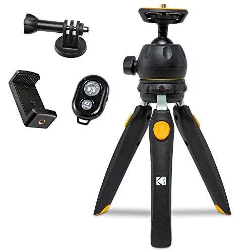 KODAK PhotoGear Mini-Stativ mit Fernbedienung, 360°-Kugelkopf, kompaktes 22,9 cm Tischstativ, 27,9 cm Selfie-Stick, 5-Positionsbeine, Gummifüße, Smartphone & Action-Kamera-Adapter, E-Guide enthalten
