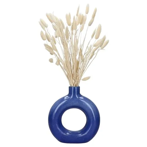 MamboCat Peruya Vase I Vase in Blau aus Steingut I handgefertigt I dekorative Tischvase mit runder Öffnung I Moderne Blumenvase für Wohnzimmer & Deko I runde Donut Form