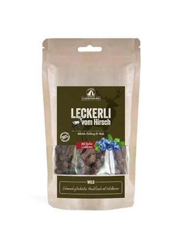 Lakefields Hundeleckerli | Trockenfleischwürfel vom Wild | 150g | 90% Hirschfleisch | Getreidefreie Hunde Snacks mit Kartoffeln & Waldbeeren | Knusprige Belohnung für Zwischendurch | Ohne Zusätze