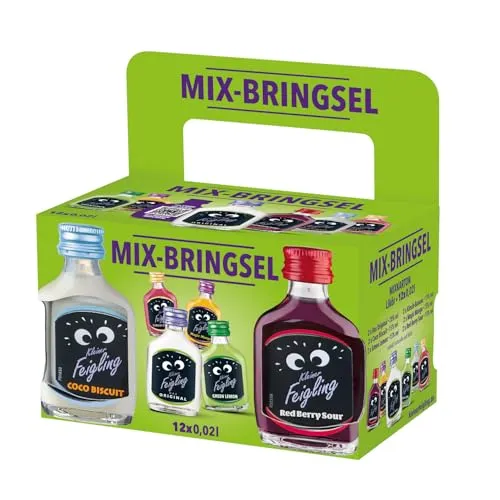 Kleiner Feigling Mix-Bringsel (12 x 20ml) – Fruchtige Vodka-Schnaps-Sorten für jeden Anlass - Wodka mit Geschmack: Das Mix-Bringsel enthält 12 Flaschen in 6 köstlichen Sorten, ideal für Feiern und Events. Perfekt verpackt mit Tragegriff für unkompliziertes Mitbringen und beste Stimmung!