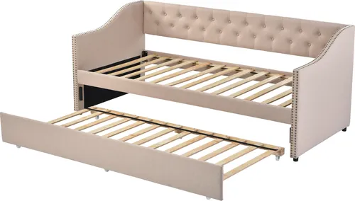 Schlafsofa 90x200cm(Ohne Matratze) Polsterbett Kinderbett Ausziehbares Jugendbett Kinderbett Gästebett Strapazierfähiger Leinenstoff Beige