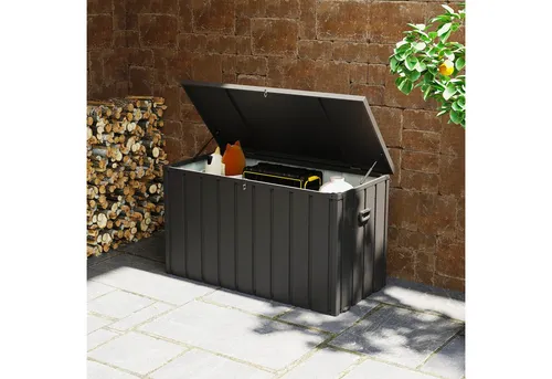 Outsunny Aufbewahrungstruhe aus Stahl und Kunststoff, 450L - Robuste Aufbewahrungsbox für Garten und Terrasse mit 450 Litern Stauraum. Inklusive praktischen Griffen und Rollen für einfachen Transport. Ideal für Sitzauflagen und Gartengeräte.