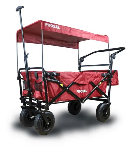 Frosal Bollerwagen Nick PRO rot faltbar - Faltbarer Bollerwagen in Rot mit Dach und Bremse, ideal für Ausflüge und Freizeitaktivitäten