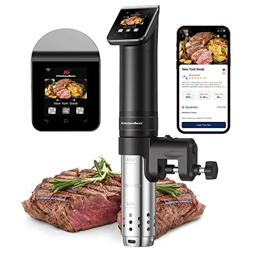 KitchenBoss Sous Vide Garer Stick WLAN G330 - Sous-Vide Garer mit Wi-Fi-Steuerung und präziser Temperatureinstellung bis 90°C. Ideal für perfekte Ergebnisse bei Fleisch, Fisch und Gemüse, dank integriertem Chefkoch-Menü und IPX7 wasserdichtem Design.
