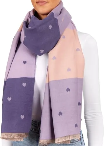 BRUBAKER Cashmirillo Damen Schal mit Herz Muster - 70 x 200 cm - Warm, Kuschelig und Oversized - Winterschal für Herbst und Winter - Weiches Kaschmir-Gefühl - Lila, Flieder und Rosa