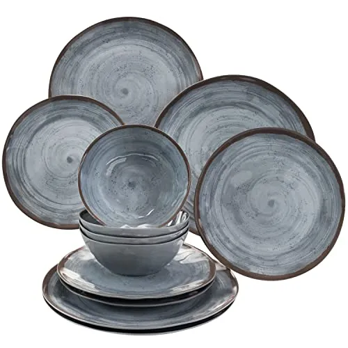 Camping Geschirr Set aus Melamin 4 Personen 12 teilig grau in - Essgeschirr Campinggeschirr Kindergeschirr Outdoor 12 tlg Picknickgeschirr Tafelservice Schüssel