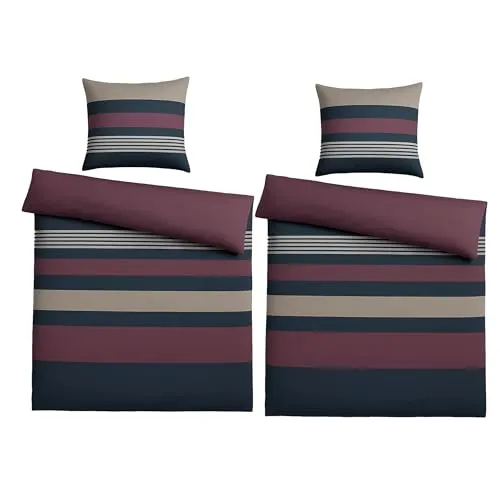 Casa Colori Flanell Bettwäsche 135x200 4tlg. Baumwolle Grau Beere Gestreift
