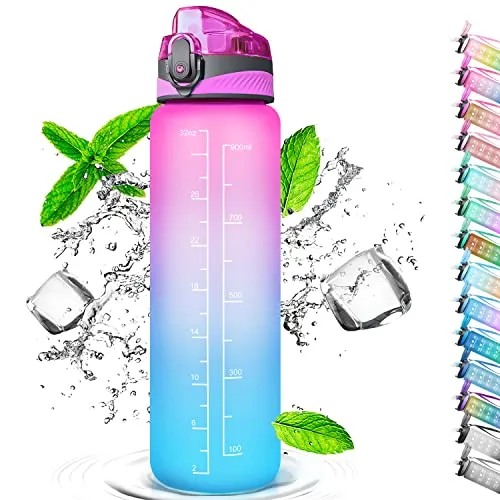 Auckpure Sport-Trinkflasche, 1 Liter, Wasserflasche mit Strohhalm, mit Marker, Öffnen mit einem Klick, geeignet für Fitnessstudio, Yoga, Camping, Radfahren und das Familienleben