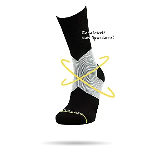 ROLLO SOCKS Team 5.0 Black - Laufsocken mit gezielter Sprunggelenkskompression, Running, Sprunggelenk stützend, Bandage Fußgelenk, Sportsocken, Für jeden Sport geeignet, Größe XL (47-48)