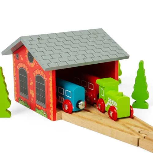 Bigjigs Rail Doppel-Lokomotiv-Holzschuppen | Rote Modellgarage zum Parken von Eisenbahnspielzeug | Zubehör für die Erweiterung von Holzbahnstrecken Kinder ab 3 Jahren |