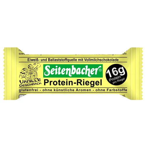Seitenbacher® Protein-Riegel Vanille - Proteinriegel mit 16g Protein pro Riegel, ideal für Muskelaufbau und unterwegs. Überzogen mit zarter Vollmilchschokolade und intensivem Vanillegeschmack.