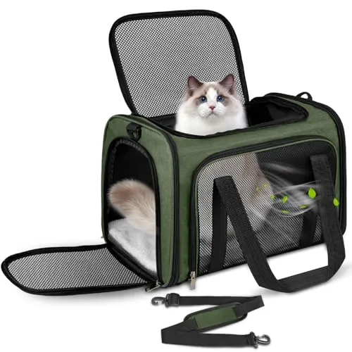 TOFFCAEA Transporttasche für Katze Hund, Hundetransportbox, Faltbare Katzentransportbox, Tragbar, 8kg Katzen Hunde Tragebox, für Mittelgroße Hunde, Katze (L, Grün, L 50 x B 34 x H 34 cm)