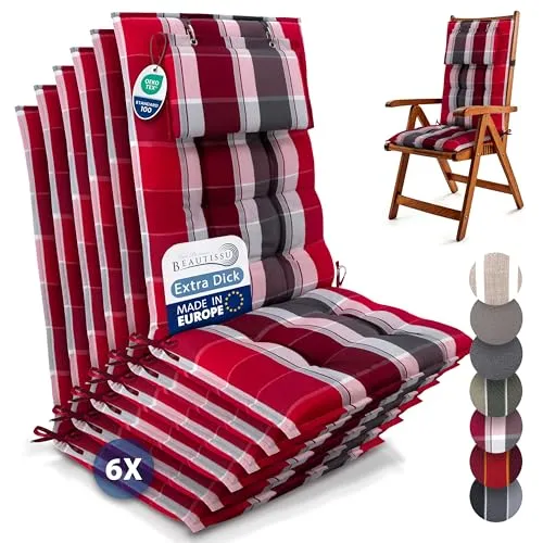 Beautissu 6er Set Premium Hochlehner Auflage Kopfpolster 120x50cm Sun-HL – 8cm Dick Polster Gartenstuhlauflage rutschfest Befestigungsbänder UV-Lichtechtheit 5 – Robust Stoff Rot Anthrazit Gestreift