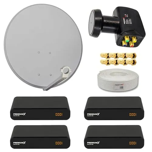 PremiumX Satelliten-Komplettanlage 4 Teilnehmer 60cm - SAT-Antennen mit wasserdichtem Quad LNB und 4x Digital FullHD Receivern für optimalen Empfang bei jedem Wetter.