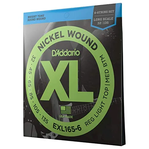 D'Addario EXL 165-6 XL Nickel Round Wound Saitensatz für E-Bass - Gitarren- & Bass-Zubehör, 6 Saiten mit Roundwound Aufwicklung für einen warmen, vollen Klang auf deiner Bassgitarre.